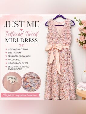 Just Me NWOT Textured Tweed Midi Dress Pink Bow Waist V-Neck Size M